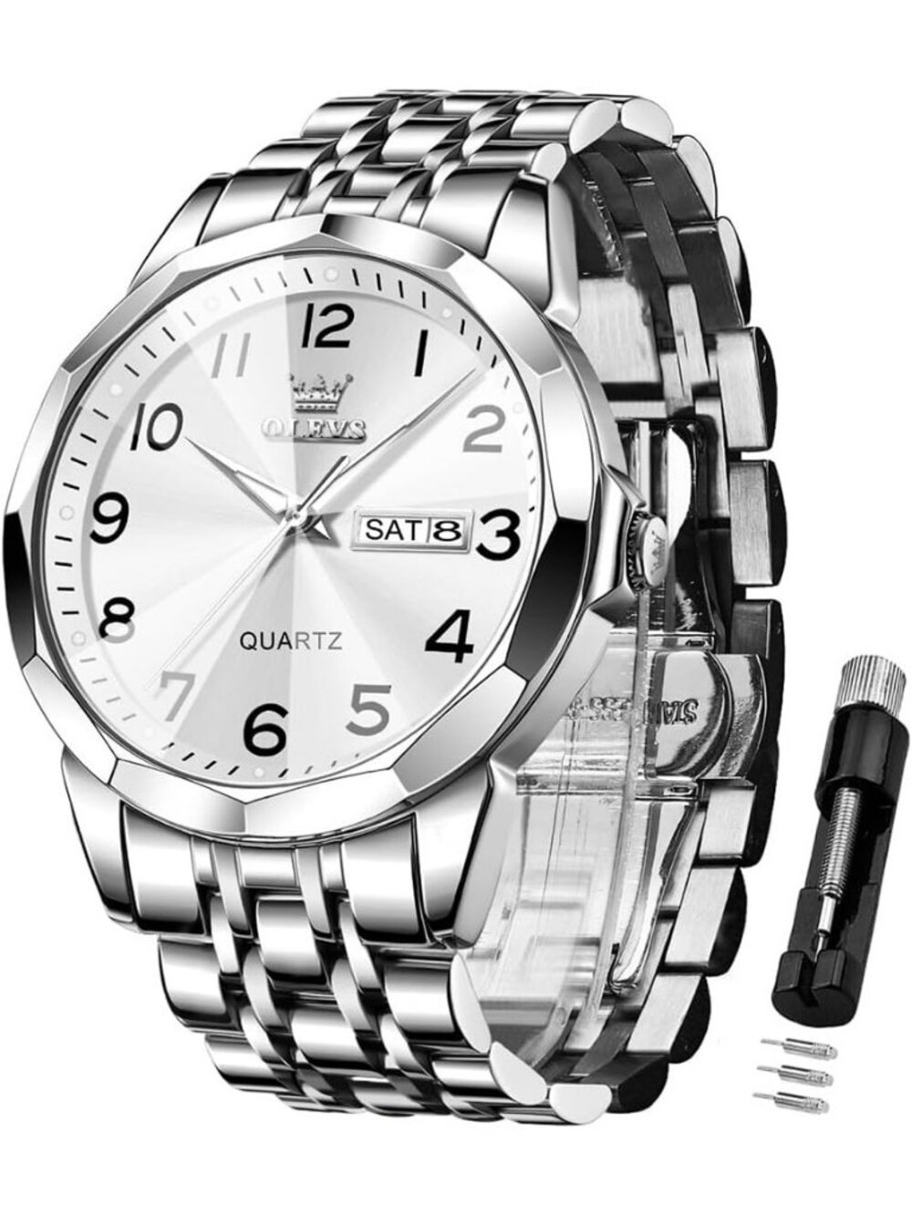Men's Silver Analog Simple Business Stainless Steel Waterproof Luminous Watch
